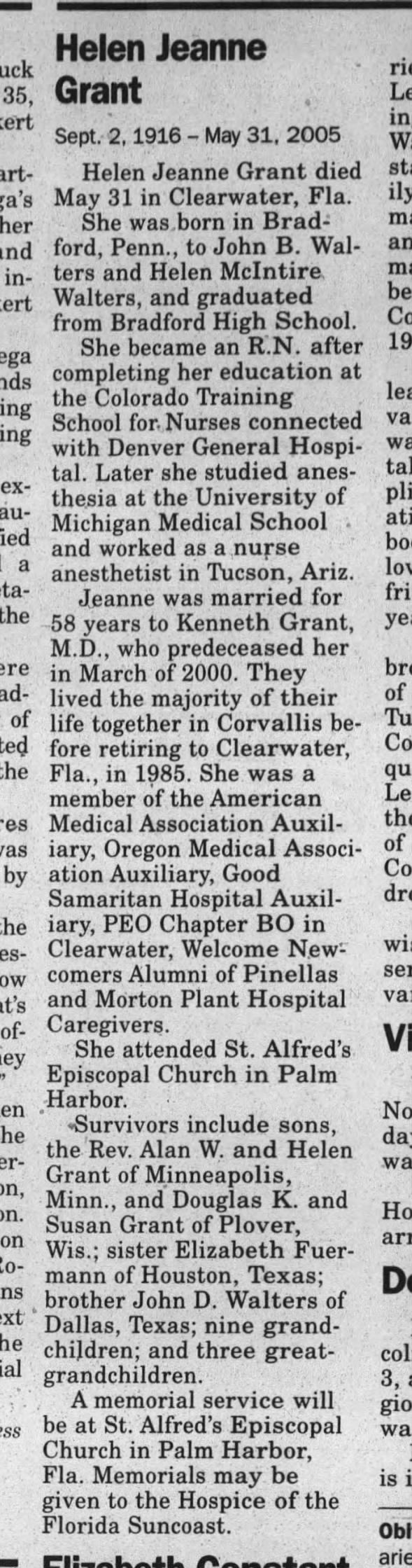 GRANT, Helen Jeanne Walters, Obituary, 4 Jul 2005